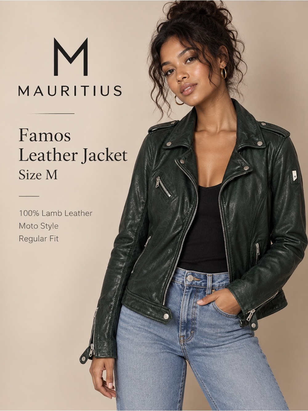 Mauritius Famos Dark Green Lamb Leather Moto Biker Jacket Regular Fit